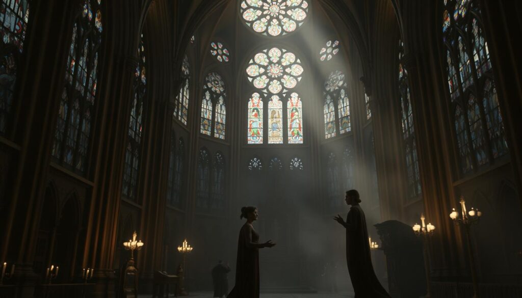 A dimly lit, ornate cathedral interior with intricate stained glass windows. In the foreground, two figures - one representing primary causality (a stylized, ethereal representation of divine providence) and the other secondary causality (a more grounded, natural depiction of evolutionary processes). They are engaged in a thoughtful dialogue, their poses and expressions conveying a sense of harmony and balance. The middle ground features elegant architectural elements like columns and arches, while the background is shrouded in a subtle, contemplative haze, evoking a sense of sacred contemplation.