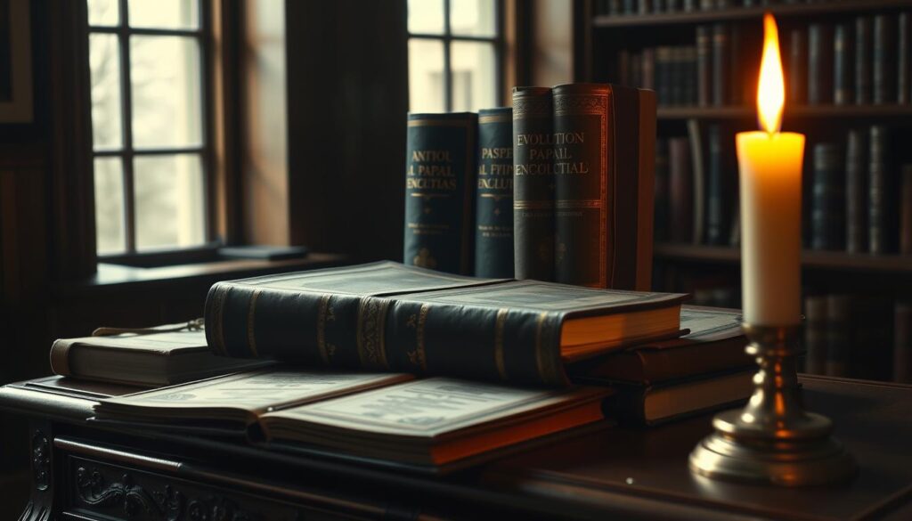 A dimly lit, ornate wooden desk with a collection of ancient-looking papal encyclicals and documents on the subject of evolution. The tomes have worn leather bindings and gold-embossed titles, exuding an air of historical significance. Soft, warm lighting from a nearby candle casts a gentle glow, creating an atmosphere of scholarly contemplation. The desk is situated in a shadowy, book-lined study, hinting at the weighty theological debates that have surrounded this topic within the Catholic Church.
