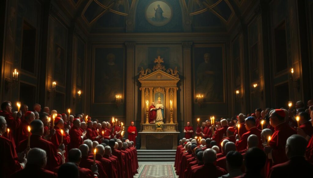 A dimly lit room, the air thick with anticipation. Cardinals in scarlet robes gather in the Sistine Chapel, their faces cast in shadow as they prepare to elect the next Pope. The ornate altar stands at the center, a symbol of the Church's ancient traditions. Candlelight flickers, casting a warm glow on the frescoed walls, as the cardinals cast their ballots in a solemn, ritualistic process. The tension is palpable, the outcome uncertain, as the world waits with bated breath for the white smoke to rise, signaling the selection of a new spiritual leader.