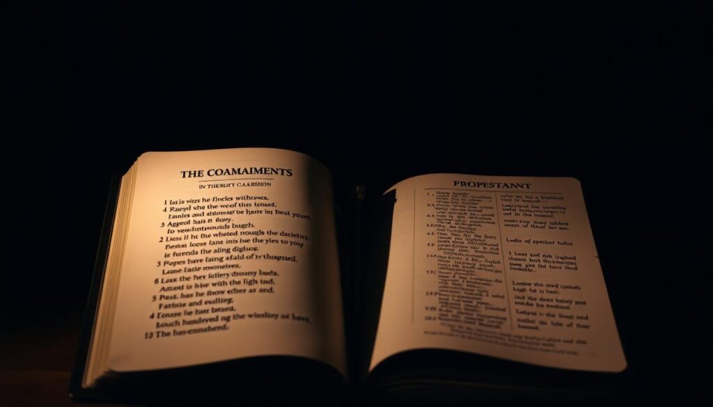 A dimly lit room with two open holy books, one Catholic and one Protestant, their pages illuminated by a soft, warm glow. The Catholic book displays the traditional 10 commandments, while the Protestant book shows a different numbering and interpretation. In the background, a shadowy figure ponders the contrast, creating an atmosphere of contemplation and theological inquiry. The scene is shot with a shallow depth of field, emphasizing the focus on the open books and the subtle differences between them.