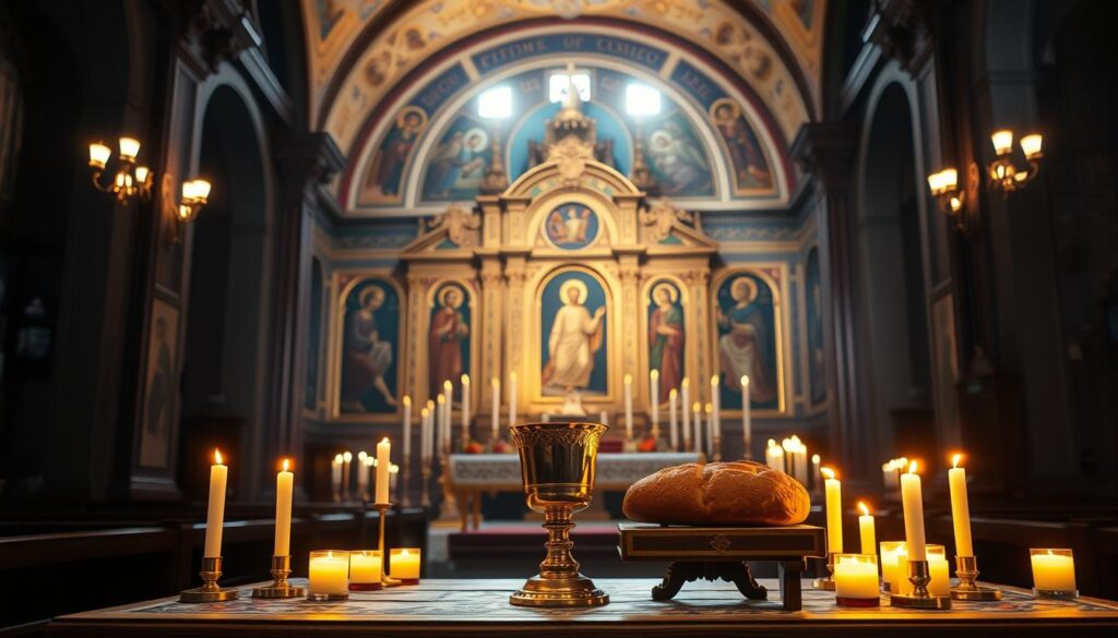 A dimly lit sanctuary, bathed in the warm glow of flickering candles. In the foreground, a wooden table adorned with intricate liturgical icons depicting scenes from the life of Christ and the saints. Atop the table, a golden chalice and freshly baked bread, the centerpiece of the Greek Orthodox Eucharistic celebration. The middle ground reveals the ornate iconostasis, a partition screen adorned with sacred images, separating the sanctuary from the main worship space. In the background, the vaulted ceilings and ornate frescoes evoke a sense of timeless, reverent tradition. The scene conveys a solemn, contemplative atmosphere, inviting the viewer to experience the richness of Greek Orthodox liturgical practices.