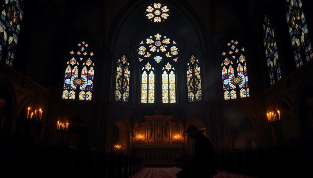 A dimly lit sanctuary, the air heavy with the scent of incense. A solitary figure kneels in prayer, their face illuminated by the warm glow of candlelight. Stained glass windows cast kaleidoscopic patterns on the walls, casting a contemplative mood. The architecture is ornate, with soaring arches and intricate carvings, suggesting the profound and mystical nature of the space. A sense of reverence and stillness pervades the scene, inviting the viewer to join in a moment of deep spiritual reflection.