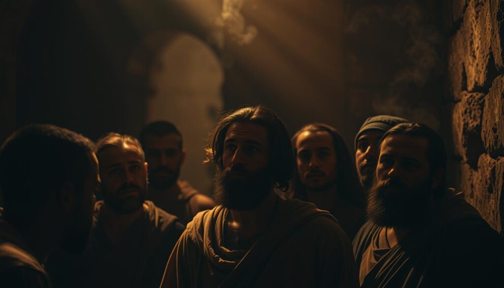 A dimly lit sanctuary, the air thick with the scent of incense. In the foreground, a group of early Christians gathered, faces etched with determination as they navigate the challenges of their newfound faith. Shadows loom in the background, hinting at the persecution and adversity they face. The lighting is moody, a soft, golden glow illuminating the scene, casting dramatic shadows across the weathered stone walls. The composition is balanced, drawing the viewer's eye towards the central figures, their expressions conveying the weight of their struggles. An atmosphere of somber reflection pervades the scene, capturing the essence of the Ante-Nicene period and the early challenges faced by the burgeoning Christian community.