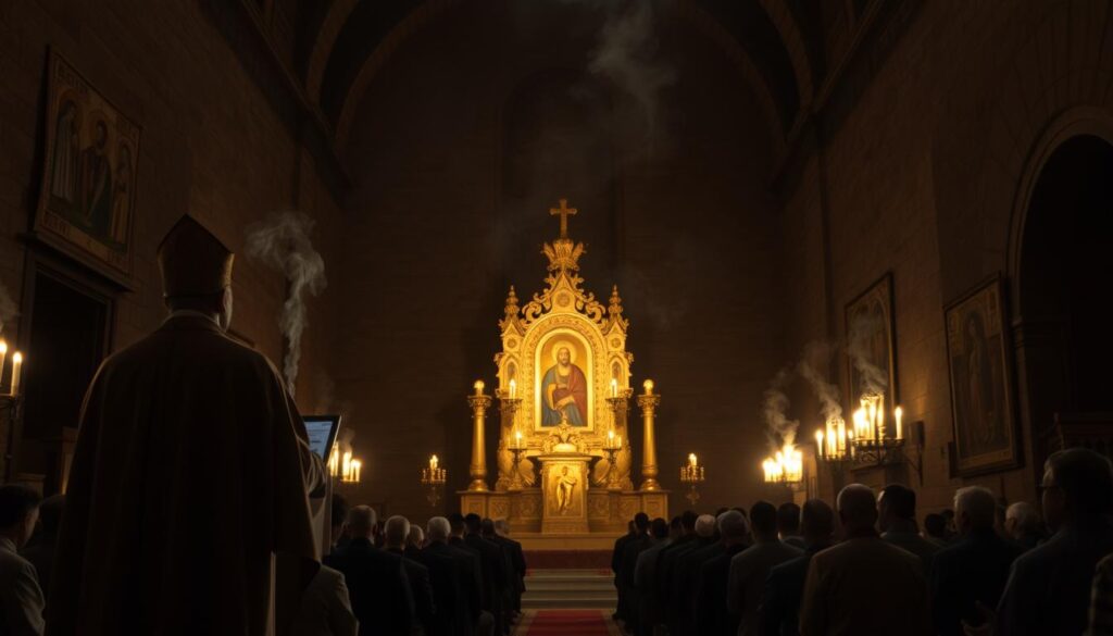 A dimly lit sanctuary, the air thick with the scent of incense. In the foreground, a priest in ornate robes stands before a golden altar, leading the East Syriac Rite liturgy. The sanctuary is adorned with intricate icons and tapestries, casting a warm, reverent glow. In the middle ground, congregants kneel in prayer, their faces etched with a sense of profound devotion. The background is filled with the rich, textured walls of the ancient church, suggesting a timeless tradition. The lighting is soft and atmospheric, creating a sense of solemn majesty and spiritual transcendence.