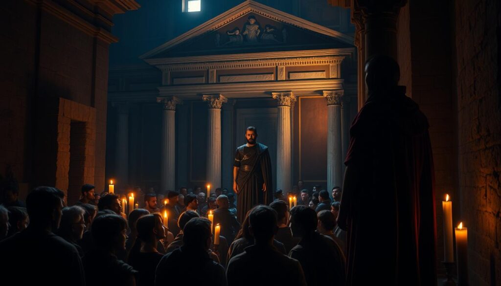 A dimly lit scene of the early Roman Empire, where the fledgling Christian faith is taking root. In the foreground, a congregation of believers gathers in a humble, candlelit chamber, their faces illuminated by the flickering light. In the middle ground, a Roman official stands guard, his imposing presence a reminder of the precarious position of this new religion. The background reveals the grand, ornate architecture of ancient Rome, a testament to the power and influence of the empire. The mood is one of reverence, tension, and the beginnings of a profound historical transition.