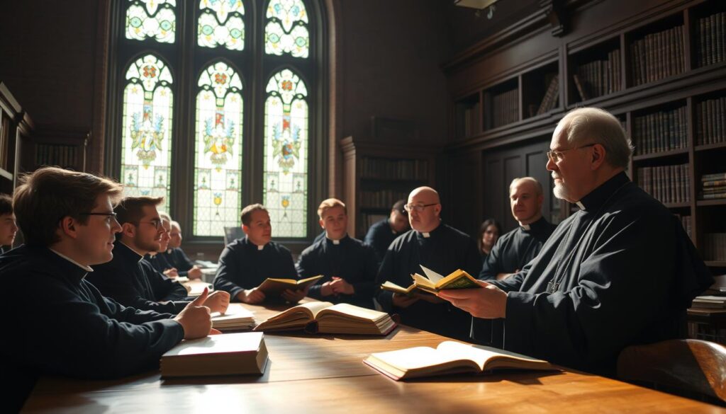 A dimly lit seminary classroom, sunlight filtering through tall stained-glass windows. Wooden desks and bookshelves line the walls, creating a contemplative, scholarly atmosphere. In the center, a group of young men in black cassocks and clerical collars, their faces earnest as they engage in lively discussion, poring over ancient tomes and taking notes. The professor, a seasoned priest in a flowing robe, gestures animatedly, guiding them in their spiritual and intellectual formation. The room exudes a sense of reverence and devotion, a testament to the rigorous training required to answer the call to the priesthood.