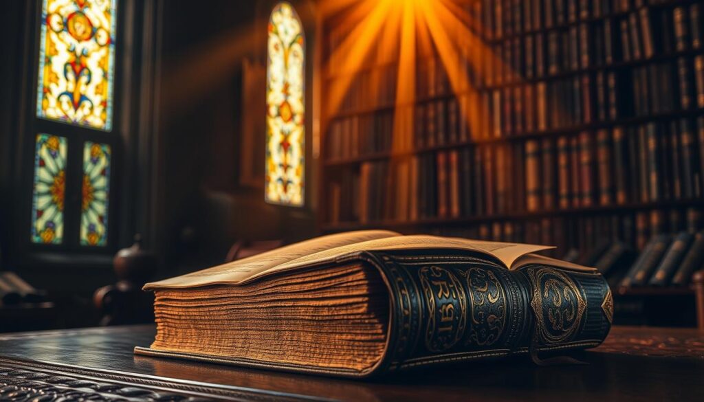 A dimly lit study, a heavy tome resting on an ornate wooden desk. Intricate golden filigree adorns the leather binding, the pages tattered and yellowed with age. Rays of warm, golden light filter through stained glass windows, casting a reverent glow upon the scene. In the background, a towering bookshelf filled with ancient volumes, a symbol of the centuries-old tradition of ecclesiastical law. The atmosphere is one of solemn contemplation, a reverence for the complexities of Canon Law that govern the Byzantine Catholic Church.