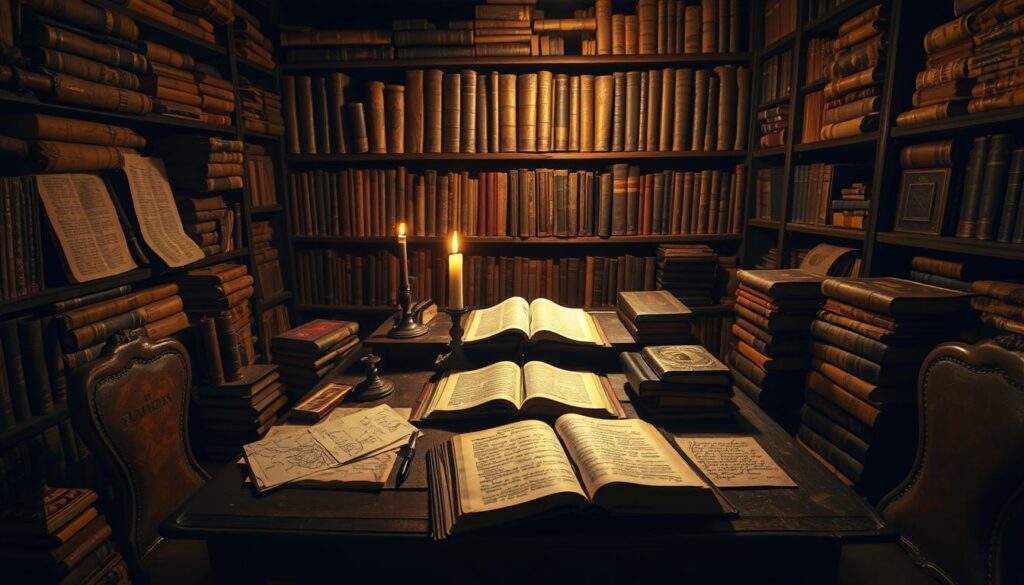A dimly lit study, filled with ancient parchments and leather-bound tomes. A desk of dark, weathered wood sits in the center, its surface cluttered with handwritten notes, maps, and a well-worn Bible. The warm glow of a single candle illuminates the scene, casting long shadows and a contemplative atmosphere. In the background, shelves line the walls, housing a vast collection of scrolls and volumes, each a testament to the rich history and context of the New Testament. The space exudes a sense of scholarly pursuit, inviting the viewer to delve into the deep well of knowledge and understanding that lies within.