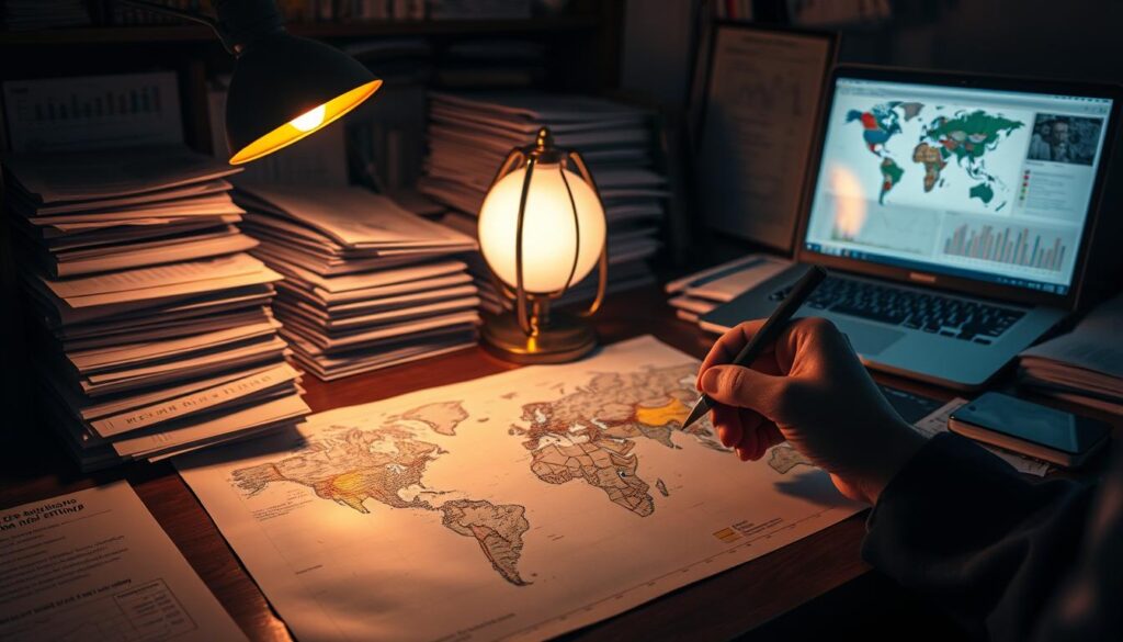 A dimly lit study filled with the warm glow of a desk lamp, surrounded by neatly organized stacks of research papers, demographics charts, and a laptop displaying intricate data visualizations. In the foreground, a researcher's hands carefully annotate a world map, tracing patterns and trends across continents. The atmosphere is one of focused, analytical inquiry, evoking the meticulous process of uncovering insights from global religious data.