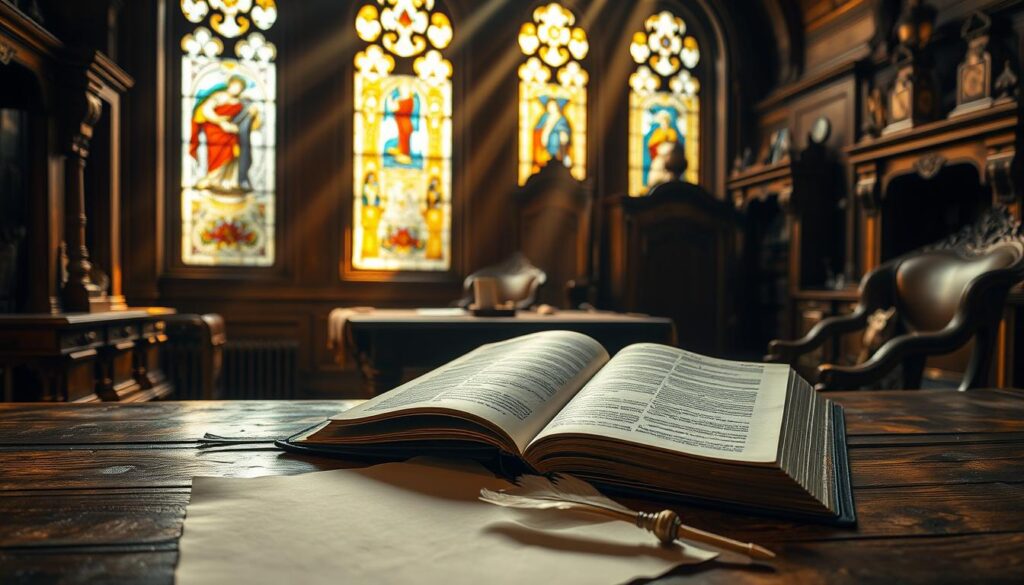A dimly lit study with heavy oak furniture, a large leather-bound Bible open on an ornate wooden desk. Beams of warm, golden light filter through stained glass windows, casting a reverent atmosphere. In the foreground, a quill and parchment sit ready, as if to capture the scholarly exegesis of the biblical passage "James 2:24" - a central tenet of the relationship between faith and works. The scene evokes a sense of contemplation and the careful, thoughtful unpacking of scripture to uncover its theological implications.