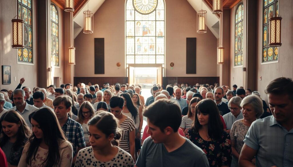 A diverse congregation gathered in a modern Catholic church, sunlight streaming through stained glass windows. In the foreground, a mix of generations - young families, millennials, and older parishioners - engaged in quiet reflection and prayer. The middle ground features a mix of traditional and contemporary design elements, blending old and new. In the background, a welcoming entryway with an open door, symbolizing the church's openness to new believers. The mood is one of tranquility, community, and a sense of spiritual renewal, capturing the evolving nature of modern Catholic conversions.