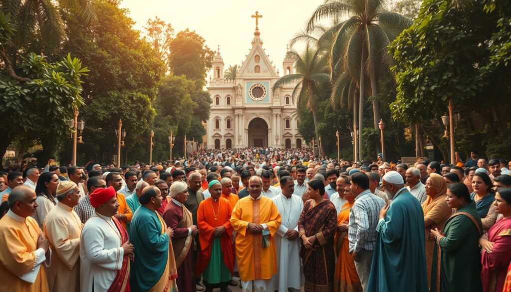 A diverse gathering of Catholic denominations in India, captured in a vibrant, photojournalistic style. In the foreground, priests and worshippers from various ethnic and cultural backgrounds stand united, their robes and vestments creating a kaleidoscope of colors. In the middle ground, a grand cathedral rises, its ornate architecture blending European and Indian influences. The background is filled with lush foliage and a warm, golden light, creating a sense of harmony and spiritual tranquility. The scene is shot with a wide-angle lens, emphasizing the scale and inclusivity of the Indian Catholic community.