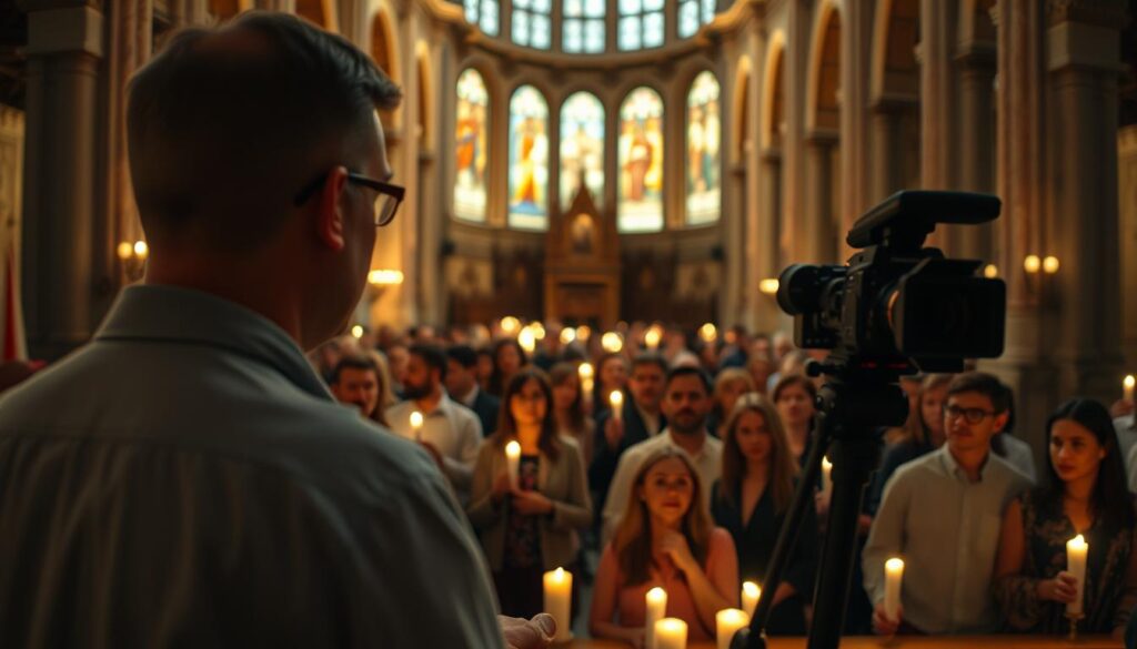 A documentary filmmaker's point of view, capturing the essence of Catholicism through a cinematic lens. In the foreground, a seasoned presenter stands before a captivating backdrop, engaging the audience with his insightful commentary. The middle ground features a diverse congregation, their faces illuminated by the warm glow of candlelight, reflecting the reverence and spirituality of the moment. In the background, the grand architecture of a historic cathedral casts an awe-inspiring presence, its towering columns and stained-glass windows evoking a sense of timelessness and tradition. The scene is bathed in a soft, diffused lighting, creating a contemplative and immersive atmosphere, inviting the viewer to embark on a journey of discovery and understanding.