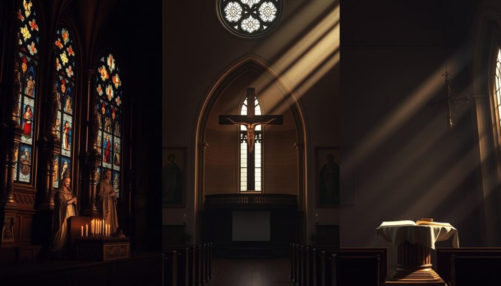 A dramatic comparison of Catholic and Evangelical Christian belief systems, depicted in a triptych format. The left panel showcases ornate Catholic iconography - stained glass, statues, and elaborate vestments. The middle panel features a simple Evangelical church, with a wooden cross and minimal décor. The right panel depicts each faith's core tenet - Catholic transubstantiation and Evangelical sola scriptura. Cinematic lighting casts dramatic shadows, creating a contemplative, reverent atmosphere. Rendered with photorealistic detail, the composition invites the viewer to ponder the nuances of these two influential Christian traditions.