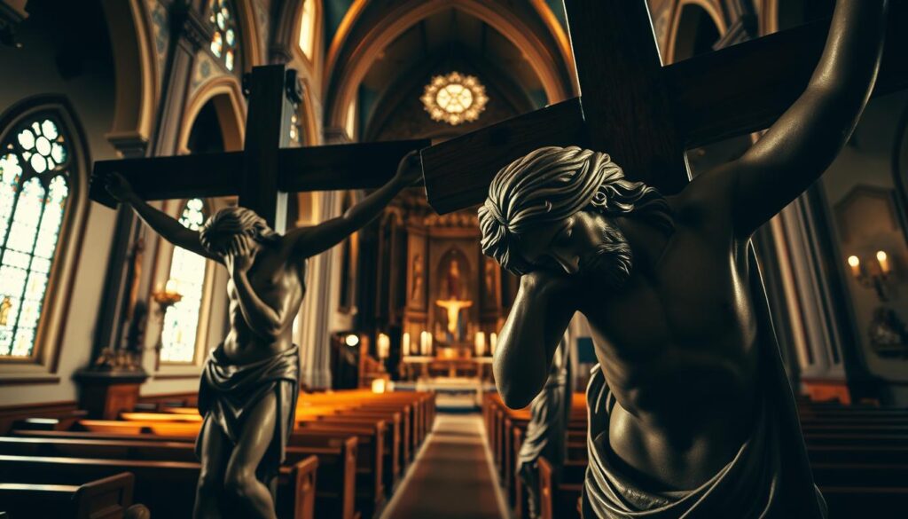 A dramatic, low-angle shot of the Stations of the Cross in a Catholic church. The foreground features ornate, life-sized statues of Christ carrying the cross, his face contorted in agony. The middle ground shows the church's interior, with rows of wooden pews and stained glass windows casting a warm, somber glow. In the background, the high, vaulted ceiling and ornate altar create a sense of grandeur and reverence. The lighting is dramatic, with shadows accentuating the sculptures' textures and expressions. The overall atmosphere is one of solemnity, sacrifice, and deep spiritual reflection.