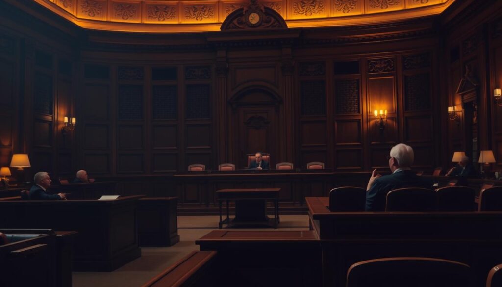 A formal courtroom interior, dimly lit with warm, soft lighting. In the foreground, a raised platform with a large wooden desk, symbolizing the tribunal's authority. Judges in traditional robes sit solemnly, listening intently to the proceedings. In the middle ground, a witness stand and counsel tables, creating a sense of structure and procedure. The background features ornate, carved wooden walls, conveying a sense of history and gravity. An air of quiet contemplation and reverence permeates the scene, reflecting the solemn nature of the tribunal process.