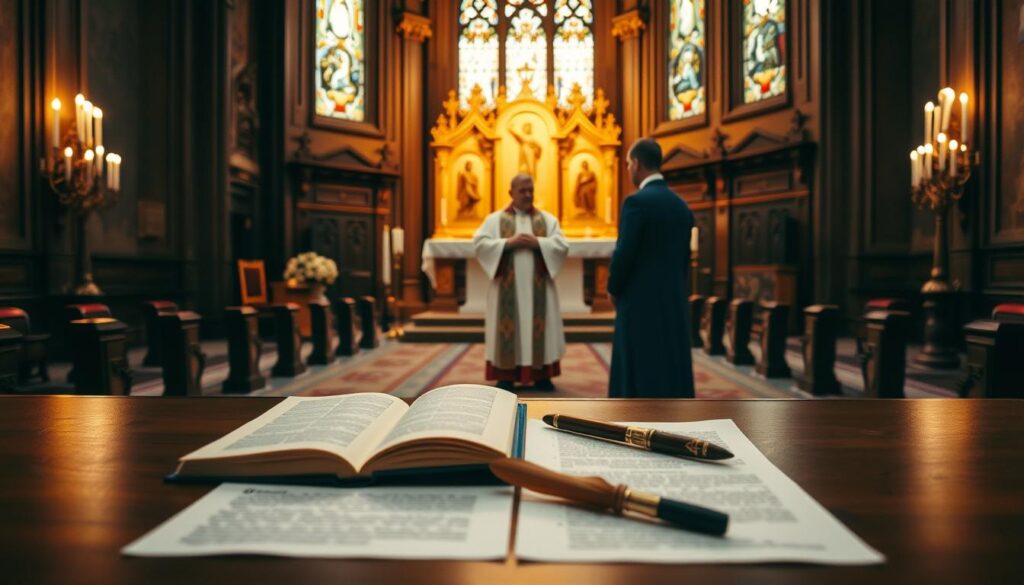A formal, dignified interior of a Catholic church. In the foreground, a desk with an open book, quill, and parchment, representing the administrative process of annulment. In the middle ground, two figures, a priest and a layperson, engaged in discussion, symbolizing the consultation aspect of the annulment procedure. The background features ornate altar pieces, stained glass windows, and candles, creating a reverent, solemn atmosphere. Warm, golden lighting illuminates the scene, emphasizing the sacred nature of the event. The composition conveys the gravity and solemnity of the Catholic annulment process.