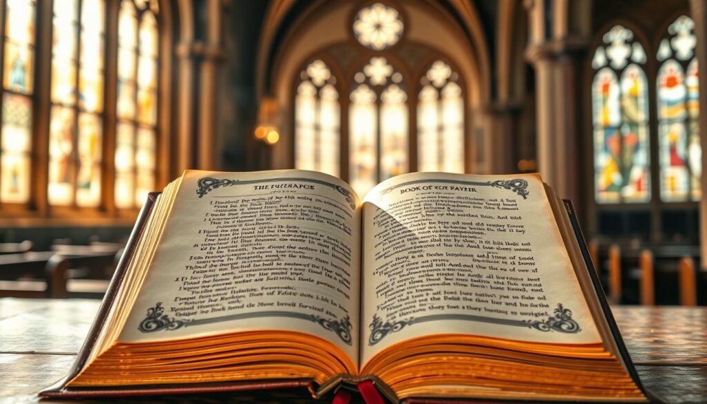 A gilded leather-bound book with ornate calligraphic lettering on the cover, opened to reveal intricately designed pages of the Book of Common Prayer liturgy. The pages are illuminated by soft, warm lighting, casting a reverent glow across the weathered parchment. In the background, a sunlit church interior with stained glass windows casts a serene, ethereal atmosphere. The overall scene evokes the timeless tradition and mystique of Anglo-Catholic worship.