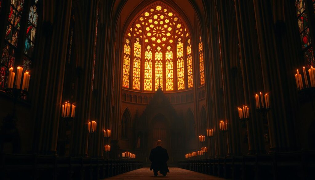 A gothic cathedral at dusk, bathed in a warm amber glow. Stained glass windows cast an ethereal light, illuminating intricate stone carvings and towering arches. In the foreground, a lone figure kneels in prayer, their silhouette cast against the backdrop of flickering candles. The air is thick with the scent of incense, evoking a sense of mystery and devotion. Shadows creep along the walls, hinting at the supernatural forces that lurk within this sacred space. A dramatic, cinematic composition that captures the alluring fusion of gothic aesthetics and Catholic imagery.