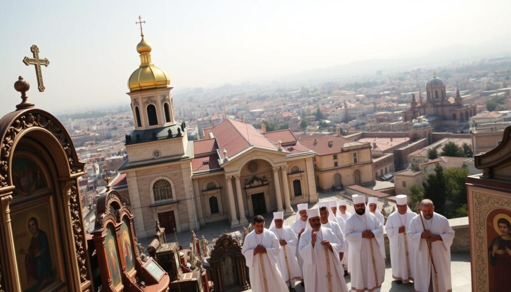 A grand Byzantine cathedral stands tall, its golden domes and intricate stone carvings reflecting the warm sunlight. In the foreground, ancient icons and religious artifacts are carefully displayed, hinting at the church's storied past. The middle ground features a processional of robed clergy, their solemn expressions conveying the solemnity of the Eastern Catholic tradition. The background is a panoramic view of a historic cityscape, with winding streets and traditional architecture that evokes the cultural heritage of the Byzantine era. The scene is bathed in a soft, reverent light, evoking a sense of timelessness and spiritual connection to the roots of Eastern Christianity.