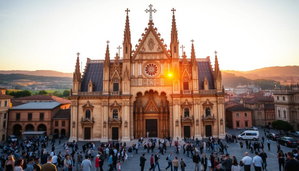 A grand Catholic cathedral, its towering spires and ornate facade bathed in warm, golden light from the setting sun. The intricate stone carvings and stained glass windows glimmer, conveying a sense of timeless spiritual grandeur. In the foreground, a group of worshippers gather at the church's ornate wooden doors, their postures reflecting a reverence and devotion to the faith. The middle ground is filled with the hustle and bustle of a bustling town square, with people going about their daily lives, yet drawn to the magnetic presence of the imposing religious structure. In the distance, rolling hills and a clear sky create a serene, contemplative backdrop, hinting at the deep-rooted history and enduring influence of the Catholic tradition.