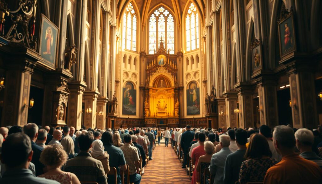 A grand Catholic cathedral, its towering spires reaching towards the heavens, nestled among a diverse congregation of worshippers from all walks of life. Warm, golden light filters through stained glass windows, casting a reverent glow upon the ornate interior. In the foreground, intricate religious iconography and tapestries adorn the walls, while in the middle ground, parishioners of varying ethnicities and ages kneel in quiet contemplation. The background is a blur of activity, with people entering and exiting, reflecting the universal nature of the Church's teachings. The scene conveys a sense of unity, tradition, and the embrace of diverse perspectives within the Catholic faith.