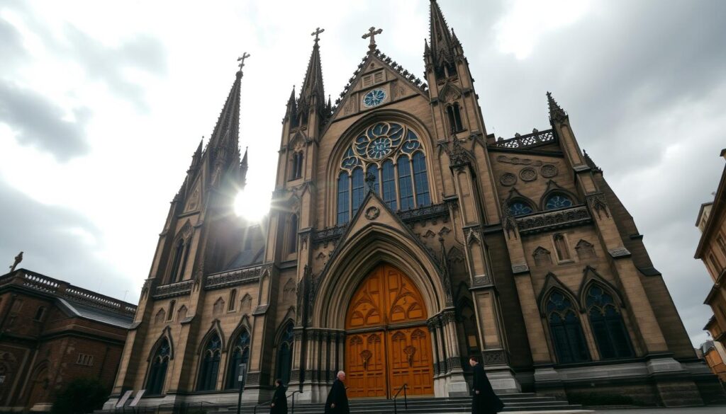 A grand Catholic cathedral set against a moody, overcast sky. The façade adorned with ornate Gothic architecture, intricate stone carvings, and towering spires that pierce the heavens. Sunlight filters through stained glass windows, casting a warm, ethereal glow upon the imposing structure. In the foreground, a small group of worshippers approach the massive oak doors, their robes and habits billowing in the wind. The atmosphere is one of reverence and timeless solemnity, befitting the history and significance of this hallowed place of worship.