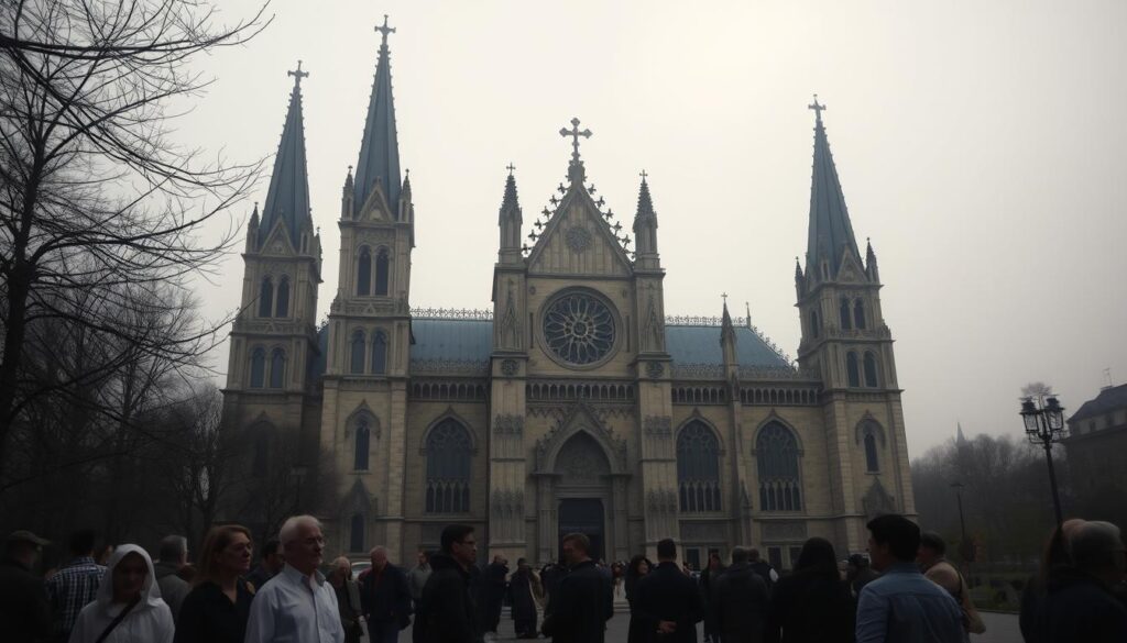 A grand Catholic cathedral stands in the foreground, its ornate spires and stained glass windows casting a somber, introspective mood. In the middle ground, parishioners gather outside, some engaged in animated discussion, others lost in contemplation. The background is shrouded in a hazy, subdued light, suggesting the waning influence of the church. Subtle cracks in the edifice and a sense of unease permeate the scene, hinting at the underlying challenges facing the institution.