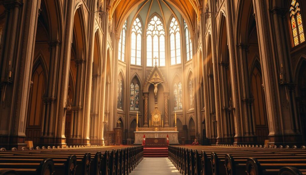 A grand Catholic cathedral stands tall, its intricate architecture bathed in warm, golden light. Through the stained glass windows, soft rays filter in, casting a reverent glow upon the soaring nave. Rows of ornate wooden pews face the elevated altar, where a majestic crucifix and gleaming candlesticks command attention. The air is filled with a sense of spiritual contemplation, as if the Holy Spirit has descended, empowering the faithful gathered within. This sacred space, a testament to faith and devotion, marks the public beginning of the Catholic Church on the day of Pentecost.