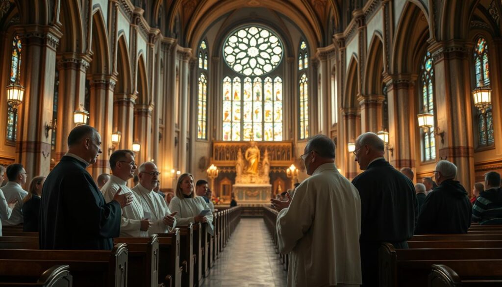 A grand Catholic cathedral stands tall, its ornate spires and stained glass windows casting a reverent glow. In the foreground, a group of priests and parishioners engage in a solemn discussion, their expressions thoughtful and their gestures measured. The lighting is soft and warm, creating an atmosphere of contemplation and spiritual reflection. In the background, the pews are empty, but the air is thick with the weight of the church's teachings on the controversial topic of contraception. The scene conveys the sense of a profound and complex debate unfolding within the hallowed walls of this sacred institution.