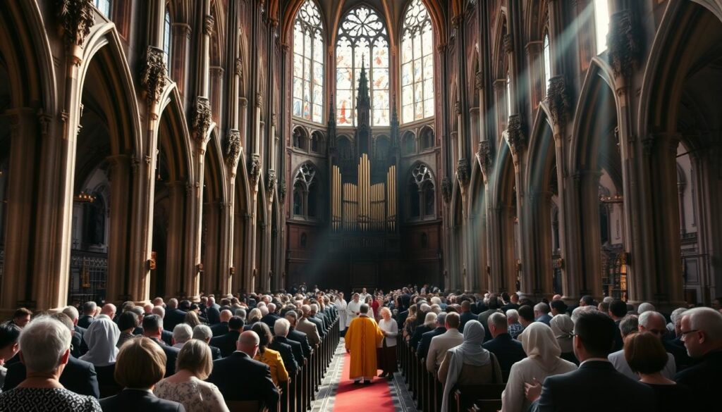 A grand Catholic cathedral stands tall, its ornate spires piercing the sky. Worshippers clad in traditional garments fill the pews, heads bowed in reverent prayer. Sunlight streams through stained glass windows, casting a warm, ethereal glow over the scene. The air is thick with the scent of incense and the swell of an organ's hymn. In the middle ground, a procession of clergy and choir members processes down the central aisle, their robes and vestments flowing gracefully. In the background, the bustling streets of a historic German city bustle with life, a testament to the deep-rooted presence of Catholicism in the nation's cultural identity and community.