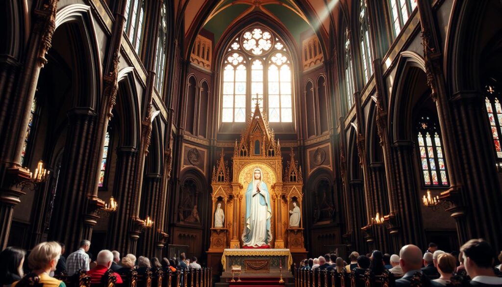 A grand Catholic cathedral with ornate Gothic architecture, its spires reaching skyward. Sunlight streams through stained glass windows, casting a warm, reverent glow. In the foreground, a central altar adorned with intricate carvings and statues, including a serene, maternal figure of the Virgin Mary. Her expression radiates divine grace and compassion. In the background, pews filled with worshippers, heads bowed in reverence. The atmosphere is one of spiritual wonder and devotion, befitting the Marian dogmas that define this sacred space.