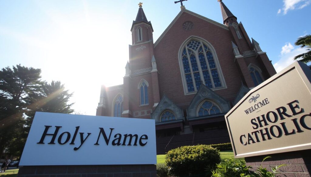 A grand Catholic church stands tall, its stately facade adorned with intricate architectural details. Sunlight filters through the stained glass windows, casting a warm, reverent glow over the scene. In the foreground, the church's name "Holy Name Catholic" is prominently displayed on a well-maintained sign, welcoming visitors to this spiritual sanctuary. The surrounding landscape is lush and well-manicured, suggesting a sense of order and reverence. The camera angle is slightly elevated, allowing the viewer to take in the full grandeur of the church's impressive scale and design. The overall atmosphere is one of tranquility, devotion, and a deep connection to the faith that this church represents.