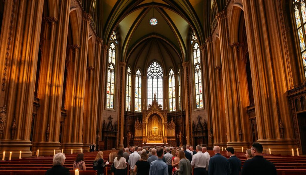 A grand Catholic church stands tall, its steeple reaching skyward. The exterior is adorned with intricate stone carvings and stained glass windows that shimmer in the warm, golden light. The main entrance is flanked by towering columns, inviting worshippers and visitors to step inside. The interior is a serene and reverent space, filled with ornate pews, ornate altars, and the soft glow of candles. In the middle of the church, a group of parishioners gather, engaged in lively discussion, their faces aglow with the spirit of community. The scene conveys a sense of timeless tradition and a vibrant, living faith.