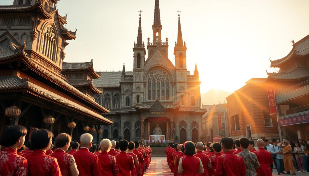 A grand Chinese Catholic cathedral stands majestically, its traditional Chinese roof tiles and ornate facades blending seamlessly with the Gothic architectural elements. In the foreground, a group of worshippers clad in traditional Chinese garments kneel reverently before the altar, their faces reflecting a peaceful synthesis of Eastern and Western spiritual traditions. Rays of warm, golden light filter through stained glass windows, casting a serene, contemplative atmosphere over the scene. In the background, the bustling streets of a historic Chinese city provide a vibrant, culturally-rich backdrop, hinting at the ongoing integration and occasional tensions between Catholicism and Chinese culture.