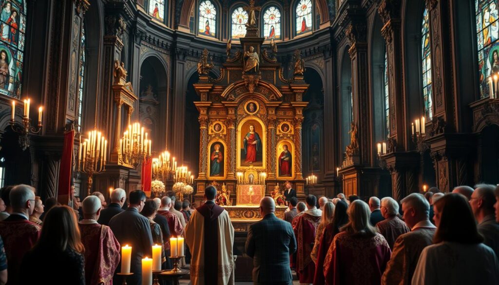 A grand Eastern Catholic liturgy unfolding in a majestic cathedral. Ornate iconostasis adorned with intricate Byzantine mosaics and gold-leafed details. Clergy in richly embroidered vestments of vibrant colors, moving with measured grace as they perform the sacred rites. Congregants stand in reverent attention, their faces illuminated by the warm glow of candlelight and the soft, ethereal light filtering through stained glass windows. The atmosphere is one of timeless tradition, mysticism, and unwavering devotion. A sense of otherworldly beauty and profound spiritual resonance pervades the scene.