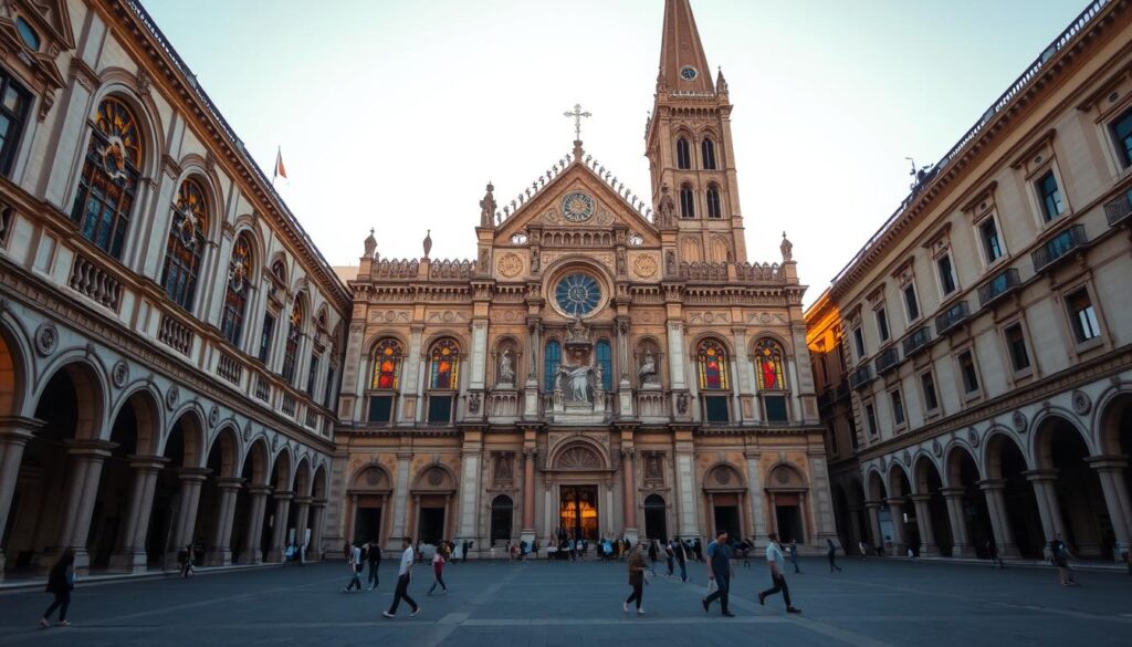 A grand Roman Catholic cathedral stands tall, its ornate façade bathed in warm, golden sunlight. Intricate arches and columns frame stained glass windows that glisten with vibrant hues. The towering bell tower rises majestically, its spire reaching towards the heavens. In the foreground, a tranquil plaza is dotted with people moving about, their figures small and insignificant against the sheer scale of the ecclesiastical structure. The scene exudes a sense of reverence, power, and the enduring legacy of the Roman Catholic Church, which has stood as a pillar of faith for centuries.
