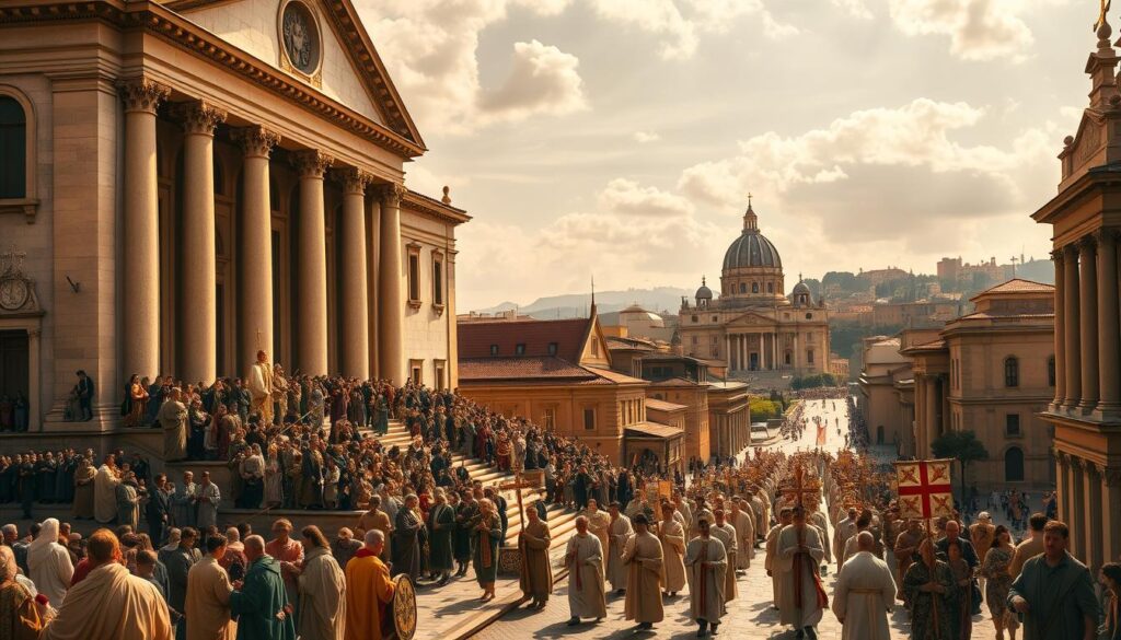 A grand Roman basilica stands tall, its ornate facade bathed in warm, golden light. Crowds of early Christians gather at its steps, their robes flowing as they ascend. In the middle ground, a procession of clergy winds through the streets, carrying ornate crosses and banners. In the distance, the city's skyline rises, dotted with domes and spires, reflecting the growing influence of the emerging Christian faith within the Roman Empire. The scene exudes a sense of reverence and historical significance, capturing the pivotal moment when the church began its rapid expansion across the ancient world.