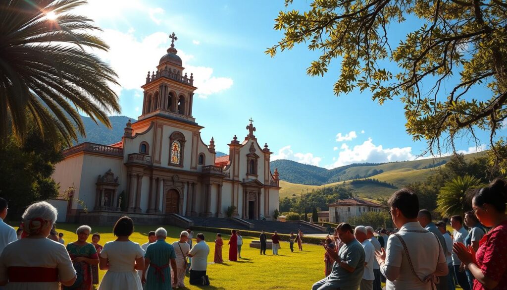 A grand Spanish colonial mission nestled amidst a lush, verdant landscape. The ornate facade, adorned with intricate carvings and a towering bell tower, stands in stark contrast to the rolling hills and azure sky. Sunlight filters through stained glass windows, casting a warm, reverent glow upon the scene. In the foreground, devout worshippers in traditional attire kneel in prayer, their faces serene and contemplative. The air is thick with the scent of incense and the sounds of choral hymns, creating an atmosphere of profound spirituality and cultural heritage. This image captures the essence of Catholicism's enduring influence and the vibrant traditions that have become woven into the fabric of the American experience.