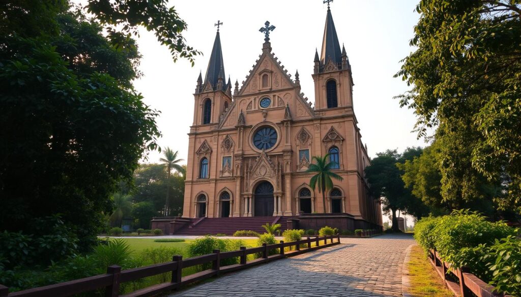 A grand, ancient Christian church stands proudly amidst lush, verdant foliage, its majestic spires reaching towards the heavens. The ornate facade, adorned with intricate carvings and stained glass windows, casts a warm, golden glow in the soft, diffused sunlight. In the foreground, a cobblestone path winds its way, leading the viewer towards the impressive structure, hinting at the rich history and cultural significance of this sacred site. The overall atmosphere evokes a sense of timeless reverence and the enduring presence of the early Christian faith in the Indian subcontinent.