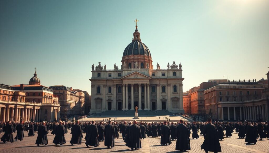 A grand and majestic Catholic church dominates the center of the frame, its towering spires and ornate facades casting long shadows across a sprawling plaza. In the foreground, robed figures move with purpose, representing the various ranks and hierarchies of the papal authority. The background is filled with an array of smaller churches and buildings, each reflecting the influence and reach of the papal system. The lighting is warm and dramatic, casting a reverent glow over the entire scene, conveying the sense of power and authority emanating from the central structure. The composition is balanced and symmetrical, emphasizing the sense of order and organization inherent in the papal authority structures.