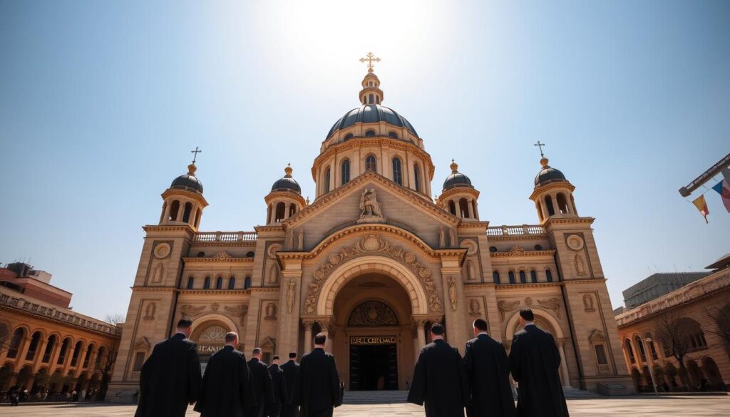 A grand and ornate cathedral, its Byzantine-influenced architecture rising majestically against a clear, azure sky. The central dome towers over the structure, its golden accents glistening in the warm, diffused sunlight. Intricate stone carvings and arched entryways adorn the façade, conveying a sense of timeless elegance and sacred purpose. In the foreground, a procession of robed figures, their faces serene and reverent, approaches the ornate main entrance, representing the leadership and devotion of the Maronite Catholic Church. The scene evokes a profound sense of tradition, spiritual devotion, and the enduring legacy of the Patriarch of Antioch.