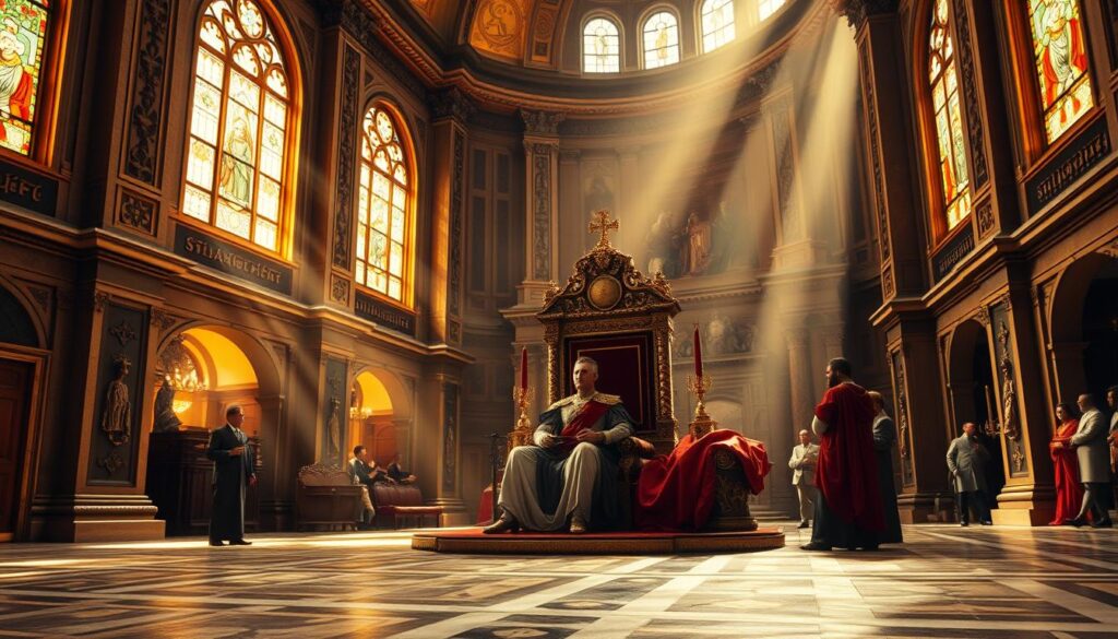 A grand basilica with ornate architecture, bathed in warm, golden light streaming through stained glass windows. In the foreground, Emperor Constantine the Great sits upon an ornate throne, flanked by his advisors, signing the historic Edict of Milan, which granted religious tolerance and legitimacy to Christianity throughout the Roman Empire. The scene is imbued with a sense of reverence and significance, capturing a pivotal moment in the rise of Catholicism and its integration into the fabric of the Roman world.