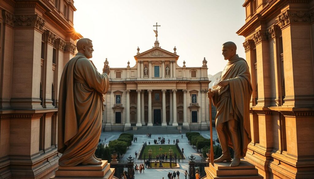 A grand cathedral in a warm, golden light, its stately facade adorned with intricate sculptures and majestic columns. In the foreground, two larger-than-life statues of Saints Peter and Paul stand guard, their faces etched with a timeless wisdom. The middle ground reveals a serene courtyard, where worshippers gather to admire the church's rich heritage. In the background, a gently rolling landscape, dotted with lush greenery, speaks to the deep roots and enduring spirit of this sacred place. The scene exudes a sense of reverence, history, and unwavering faith, capturing the essence of the parochial legacy and spiritual values embodied by this revered Catholic church.