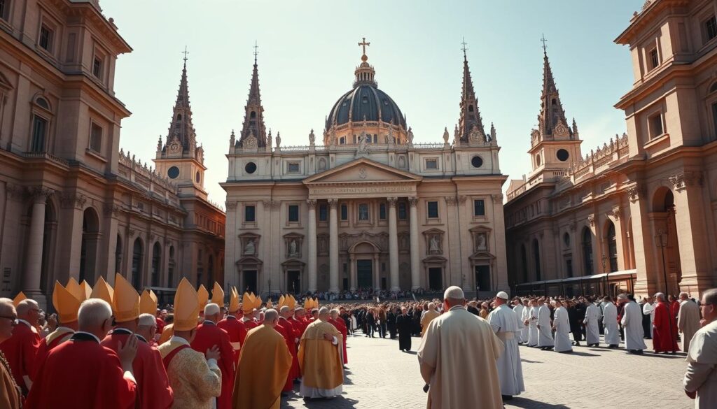 A grand cathedral in the Gothic architectural style, its towering spires and ornate facades casting long shadows across a sunlit plaza. In the foreground, a procession of clergy in ceremonial robes - bishops, cardinals, and at the center, the Pope, radiating an aura of authority and spiritual power. The middle ground reveals a bustling scene of parishioners, their faces upturned in reverence, while the background is dominated by the imposing, tiered structure of the church hierarchy, each level representing the distinct roles and responsibilities within the Catholic faith. Crisp, realistic lighting illuminates the intricate details, conveying a sense of timeless tradition and the enduring influence of the Catholic Church.