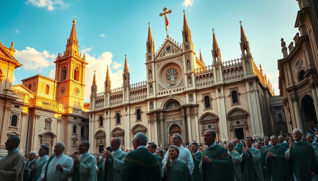 A grand cathedral in the Italian Renaissance style, its ornate facade bathed in warm, golden light. Towering spires and intricate stone carvings reaching towards the heavens, symbolizing the enduring legacy of the Catholic Church. In the foreground, a procession of robed clergy, each holding a ceremonial candle, their faces solemn and reverent. In the background, a tapestry of historic moments unfolds - the coronation of a pope, the signing of an important edict, the construction of a new basilica. The scene radiates a sense of timelessness and tradition, capturing the rich tapestry of Catholic history.