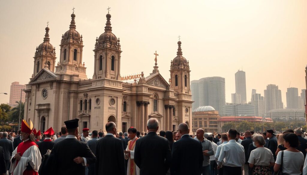 A grand cathedral in the heart of Manila, its ornate spires and domed roofs casting long shadows over the bustling streets below. In the foreground, a procession of clergy and faithful, their robes and vestments swaying gently in the warm breeze. In the middle ground, political leaders and government officials mingle, deep in discussion, the power and influence of the Catholic Church woven into the fabric of the nation. The background is a hazy cityscape, skyscrapers and modern buildings juxtaposed with the timeless elegance of the cathedral, a testament to the enduring relationship between church and state in the Philippines.
