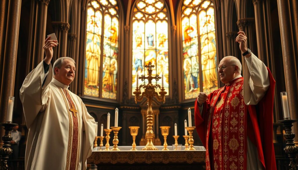 A grand cathedral interior, bathed in soft, golden light streaming through stained glass windows. In the foreground, an ornate altar adorned with gleaming chalices and candlesticks. On the left, an Anglican priest elevates the communion wafer, while on the right, a Catholic priest raises the consecrated host. The rich, liturgical vestments of each faith create a striking visual contrast. The scene conveys the solemnity and reverence of these sacred rites, inviting the viewer to contemplate the nuanced differences between Anglicanism and Catholicism's Eucharistic practices.