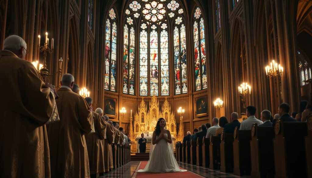 A grand cathedral interior, bathed in soft, warm lighting. In the foreground, a solemn procession of clergy in ornate vestments, carrying the sacred elements of the Eucharist. In the middle ground, a couple kneeling at the altar, hands clasped in prayer, their faces alight with reverence. The background is filled with intricate stained glass windows, casting a kaleidoscope of colors across the scene. The atmosphere is one of profound reverence and spiritual significance, capturing the essence of the Sacraments of Service - Holy Matrimony and Holy Orders.