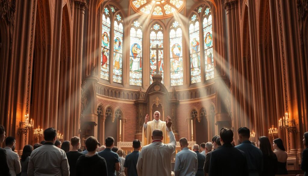 A grand cathedral interior, bathed in warm, ethereal lighting. At the altar, a priest stands, hands raised in blessing over a group of young people kneeling before him. The participants, dressed in formal attire, exhibit expressions of reverence and solemnity. Intricate stained glass windows cast kaleidoscopic hues across the scene, evoking a sense of divine presence. Ornate religious iconography and architecture frame the ritual, elevating the significance of this sacramental moment. Soft beams of light filter through the air, heightening the sacred atmosphere as the faithful undergo the rite of Confirmation, strengthening their connection to the Holy Spirit.